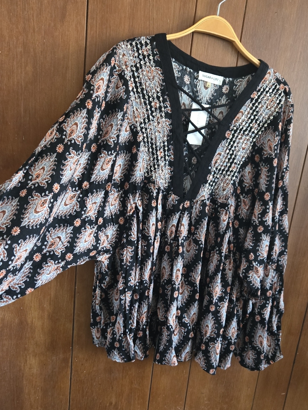 Sugarlips Black Paisley Lace-Up Boho Tunic with Tan & White Accents